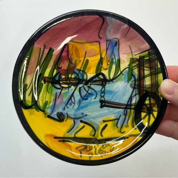 vintage hand painted 5 inch plate abstract colorful cart wagon rural pto plata - Picture 6 of 6